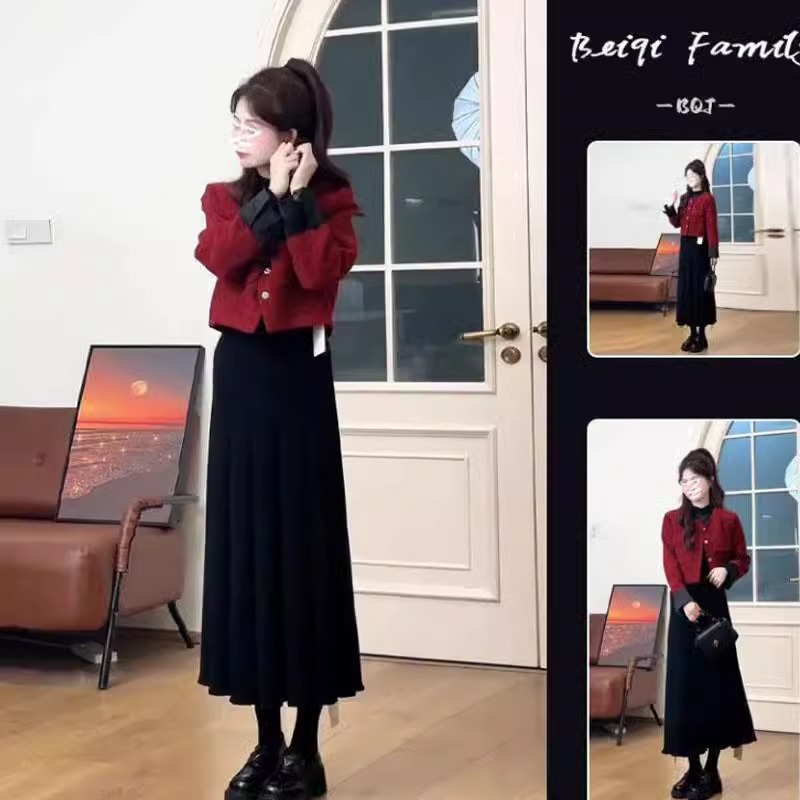 德国进口韩系穿搭套装女2024秋冬新款时尚气质短款外套高腰半身裙