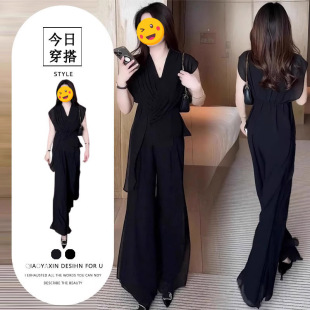 胖东来夏季时尚套装女v领气质无袖两件套女人味收腰显瘦阔腿裤子