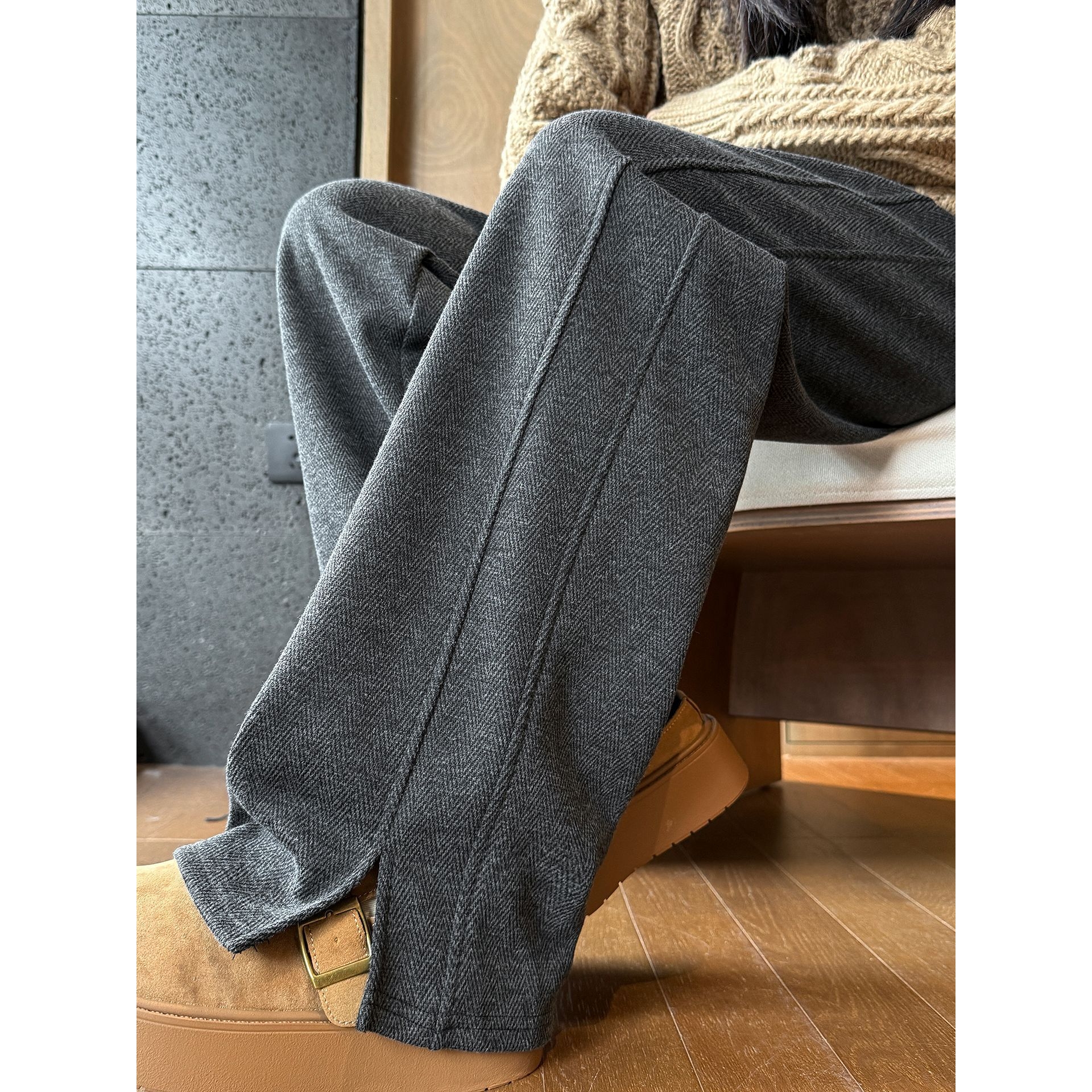 德国进口针织裤子女秋冬2025新款高腰加绒直筒羊毛休闲叉人字纹窄