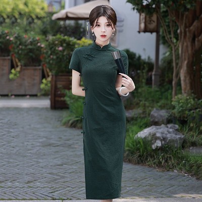 胖东来墨绿色国风中式改良旗袍夏季年轻款女民国风复古修身短袖日