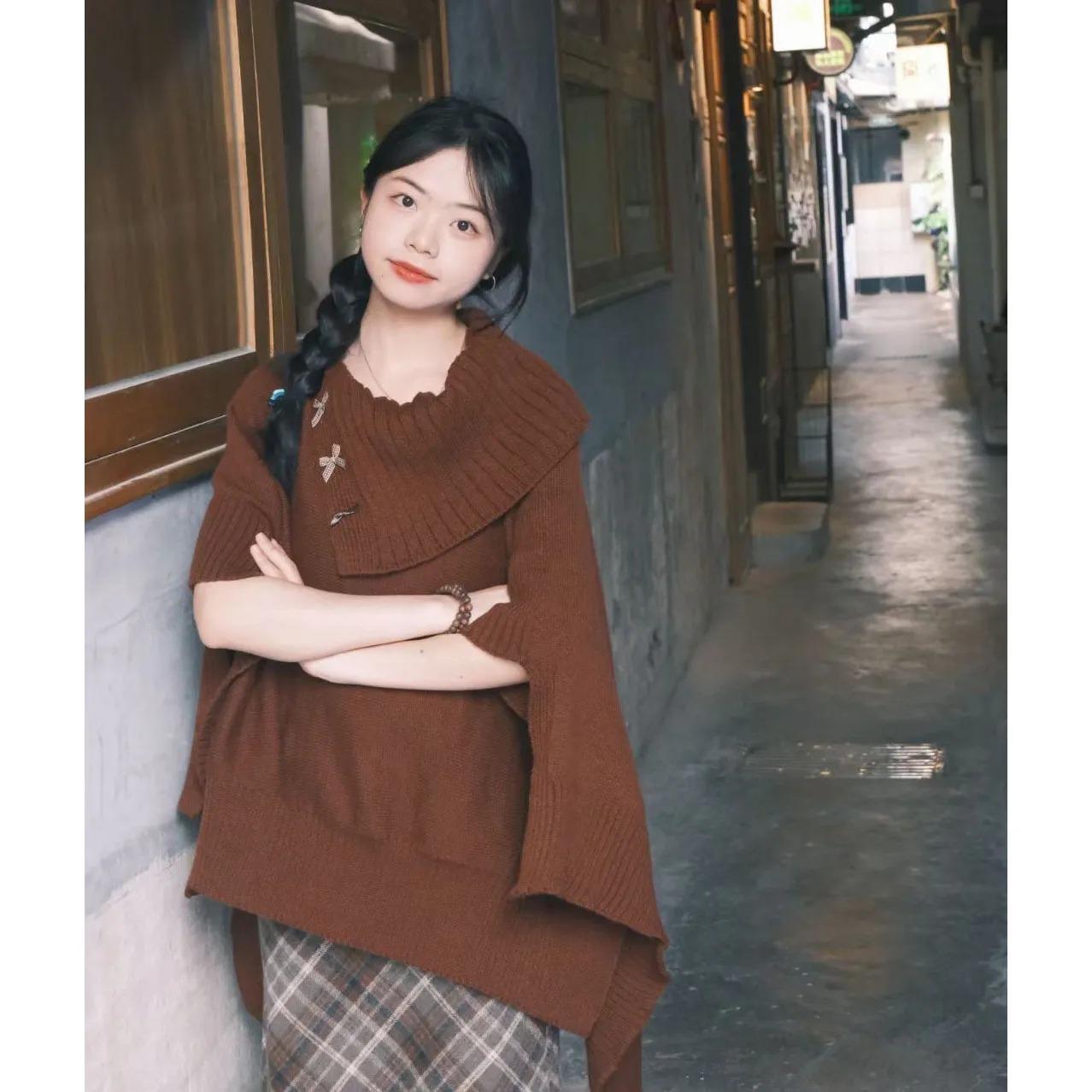 德国进口秋冬美拉德穿搭2024新款女韩版设计感斗篷毛衣高腰半身裙