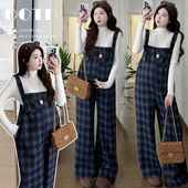 宽松显瘦格子背带裤 实拍 新款 春季 两件套 孕妇装