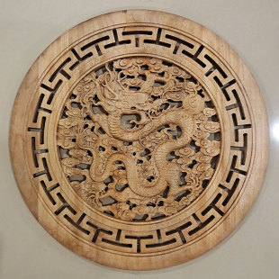 东阳木雕挂件壁饰 木雕画香樟实木雕刻工艺品 背景墙壁挂58cm单龙