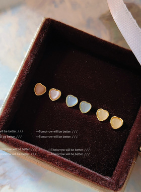 BO丨减龄少女~925银针小清新爱心耳钉女 日韩ins玻璃猫眼石LC-545