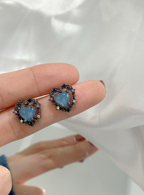 Byeonce丨S925银针黑色微镶锆石爱心耳钉夹雾霾蓝耳环新款韩国耳