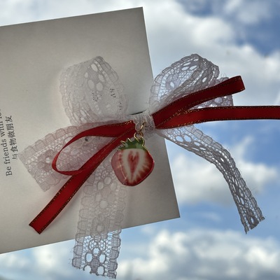 红色系少女草莓布艺蝴蝶结发夹甜妹双层蕾丝草莓侧边夹可爱头饰