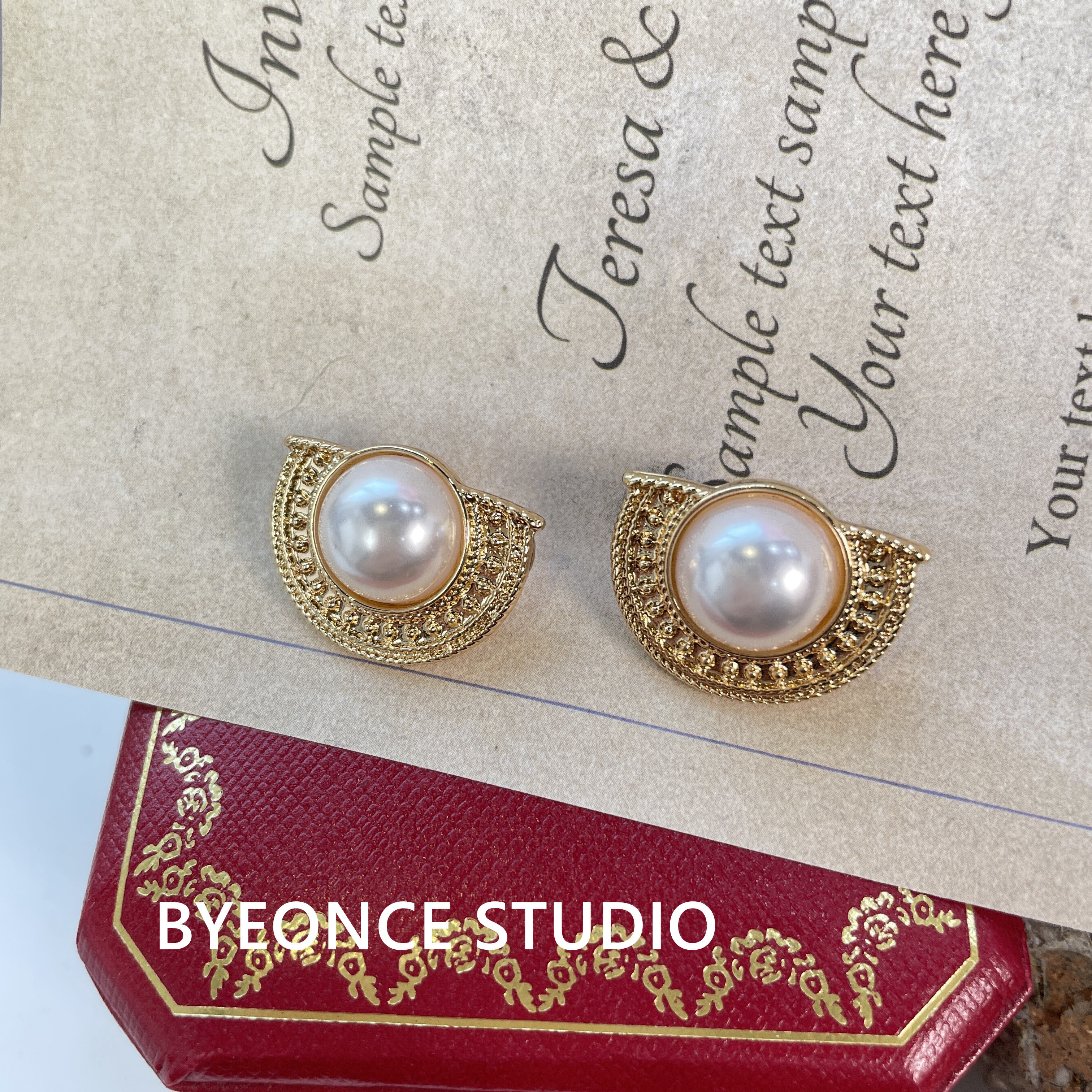 仙人掌赫本风复古耳饰巴洛克宫廷风半圆珍珠耳钉雕花形耳环ES65