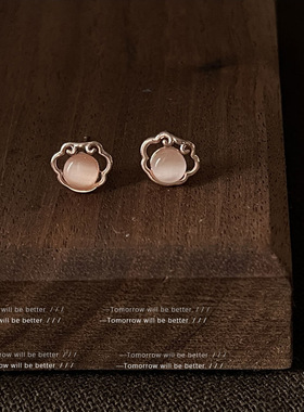 BO丨如意平安长命锁！玻璃猫眼石925银针迷你版玫瑰金耳钉女L785