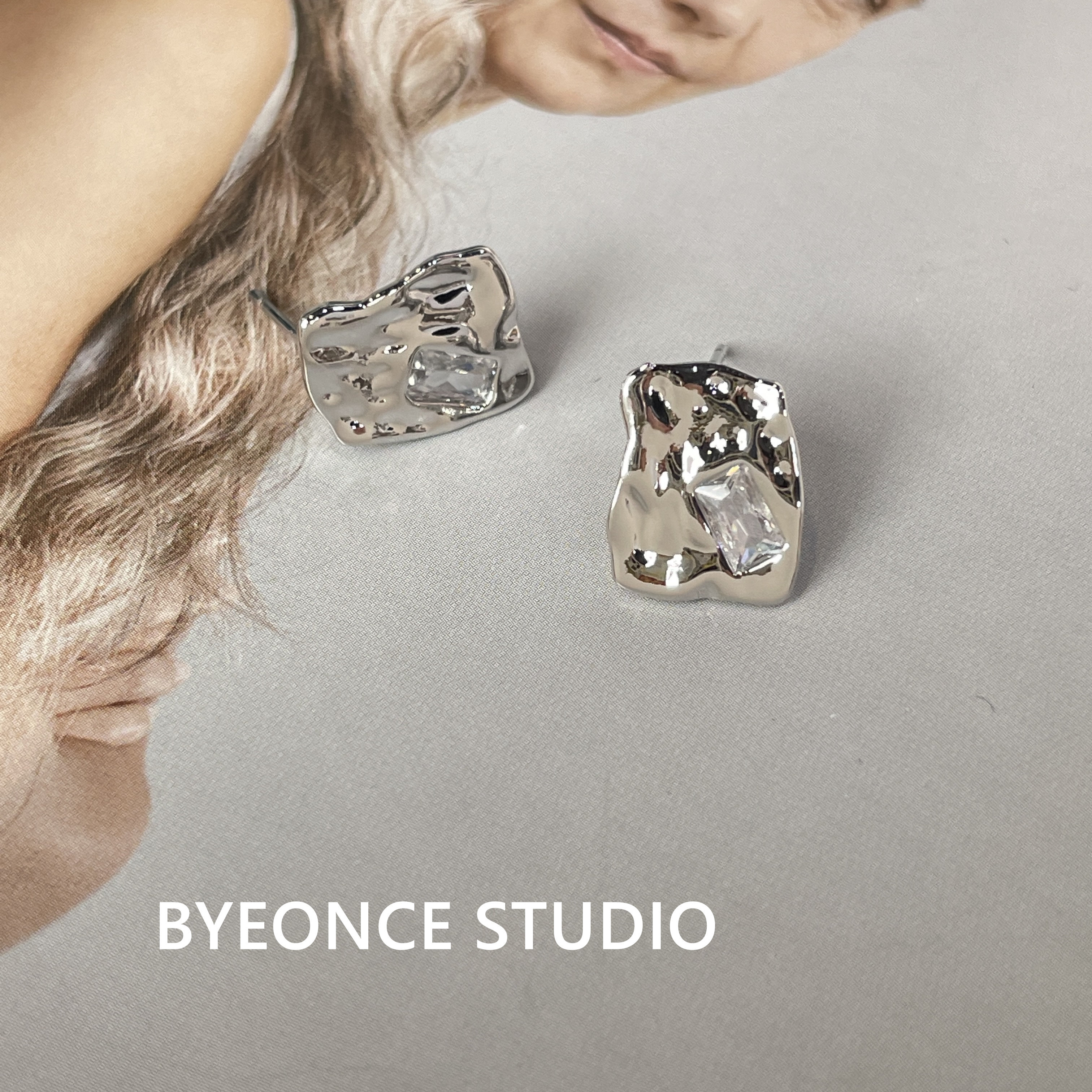 不规则纹理皱褶耳钉s925纯银小众设计师款欧美简约品牌耳饰EH084