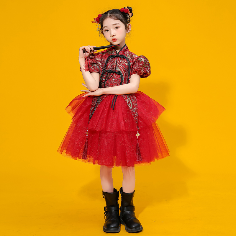 女童中国风新中式改良旗袍儿童红色幼儿演出走秀礼服女孩古风唐装
