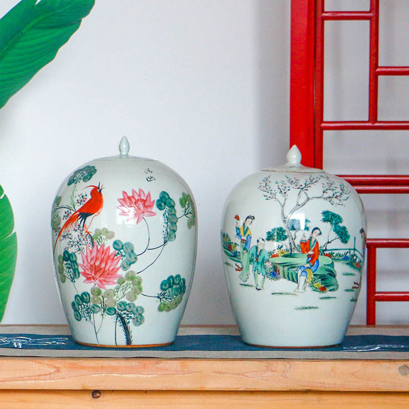 手绘仿古粉彩冬瓜罐新中式玄关储物罐工艺摆件荷花桃花美人陶瓷罐