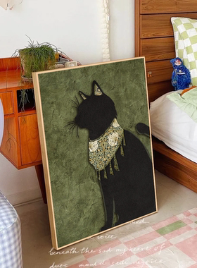 中古风墨绿黑猫轻奢玄关挂画