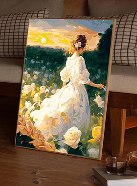 梵高白玫瑰花园少女油画治愈系
