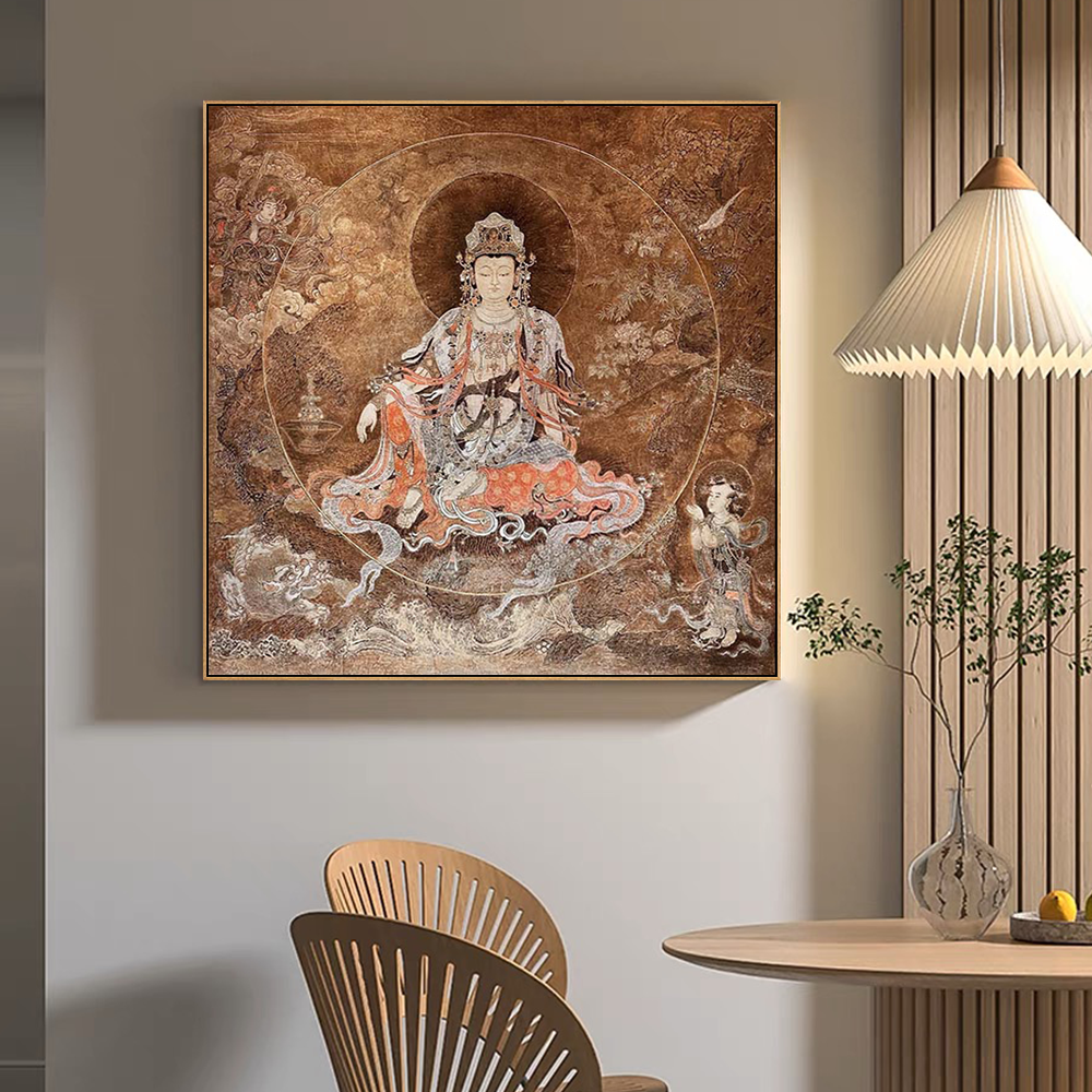 中式禅意敦煌唐卡水月观音书房挂画客厅文殊菩萨佛像壁画装饰画