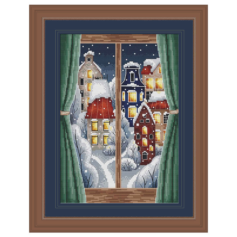 小小鱼dmc绣线十字绣套件 c1691雪中城市窗外风景刺绣满绣挂画
