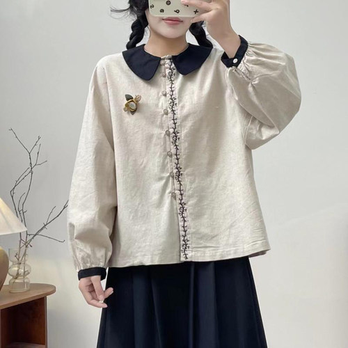 日系娃娃领棉麻衬衫女春设计感小众法式内搭刺绣衬衣气质减龄上衣