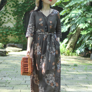 春夏苎麻印花宽松休闲连衣裙女收腰显瘦中长款 裙子 棉麻气质复古款