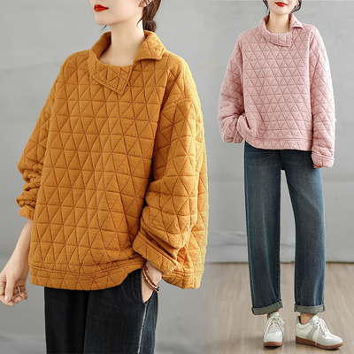 休闲简约菱形格夹棉翻领卫衣女秋冬款宽松大码套头棉衣保暖上衣潮