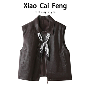 机车坎肩外套 皮衣背心又酷又飒短款 复古PU皮马甲女秋季 高级感无袖