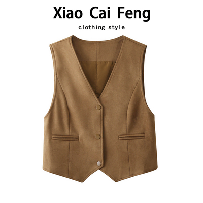 复古麂皮绒v领坎肩马甲短外套女秋装高级感叠穿时髦外搭马夹上衣