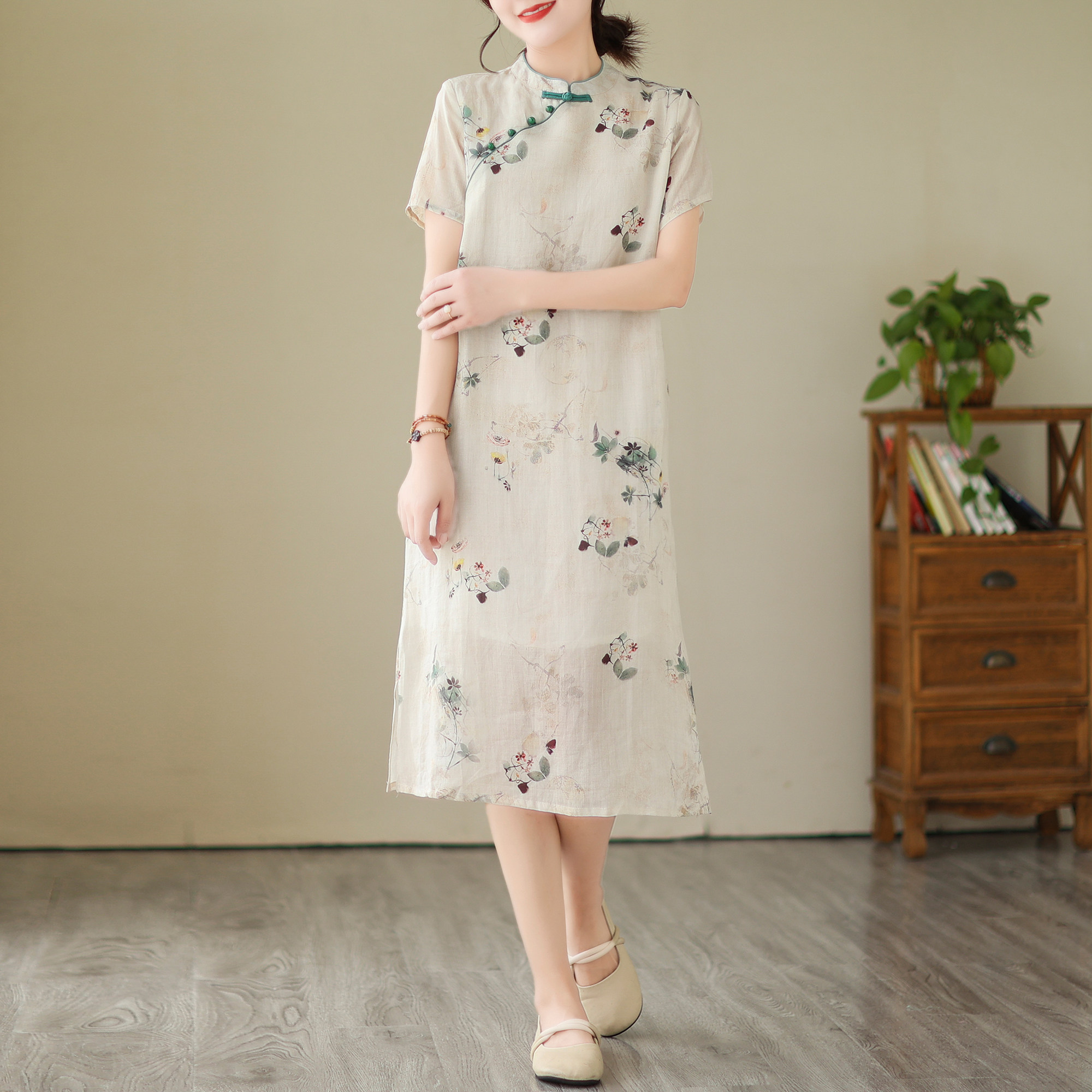 出口意大利外贸苎麻印花改良宽松旗袍裙立领气质盘扣连衣裙女夏