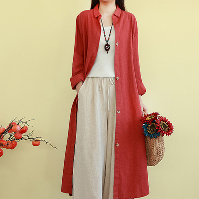复古文艺翻领长袖棉麻衬衫女秋季新款宽松单排扣过膝长款风衣外套