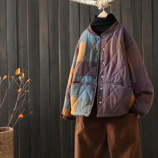 棉麻外套女短款2025秋冬复古拼色格子小棉袄宽松大码夹棉轻薄棉衣