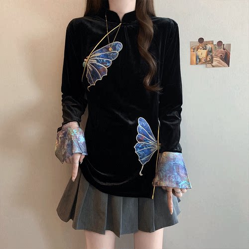 新中式蝴蝶刺绣立领丝绒长袖衬衫女秋季大码胖mm开叉气质显瘦上衣