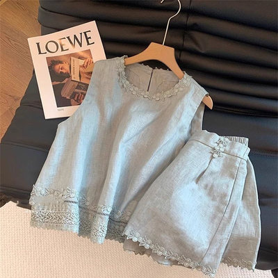 老钱风复古花边刺绣背心亚麻套装女夏季高级感时尚休闲短裤两件套