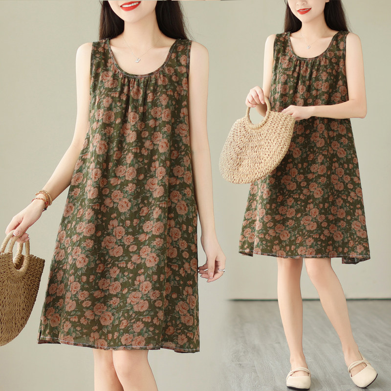 外贸出口日单清仓夏季文艺印花宽松复古中长款打底裙棉麻背心裙女