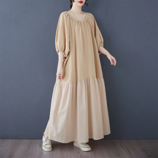 复古灯笼袖棉麻连衣裙女夏季大码胖mm洋气遮肚子显瘦荷叶边长裙子