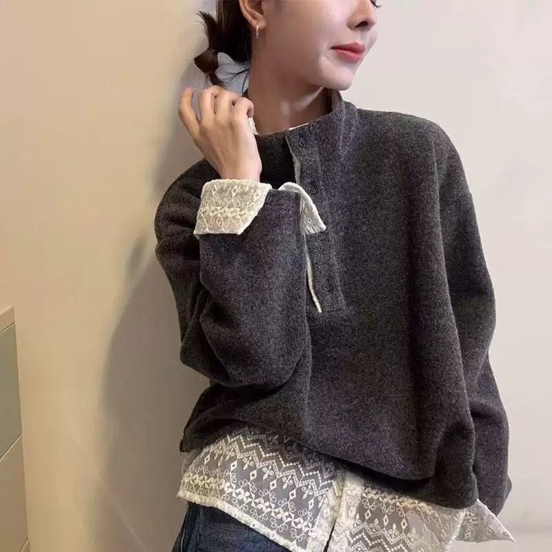 假两件蕾丝下摆拼接上衣女2025今年流行的打底衫半高领德绒卫衣潮,女装/女士精品,卫衣/绒衫,淘宝优惠券,粉丝福利购,淘宝优惠卷