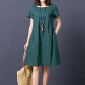 155小个子果绿色棉麻连衣裙亚麻显瘦夏矮个子娇小搭配女装 夏装 150
