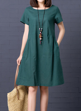 155小个子果绿色棉麻连衣裙亚麻显瘦夏矮个子娇小搭配女装夏装150
