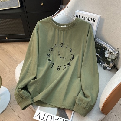 趣味时钟刺绣圆领套头卫衣女春秋新款休闲宽松内搭可外穿打底上衣