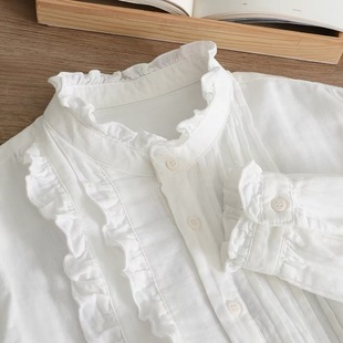 森系甜美木耳边文艺立领双层棉纱衬衫女春秋长袖纯棉衬衣休闲打底