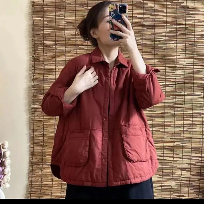 薄棉衣外套女秋冬夹棉衬衫大口袋纯色宽松上衣休闲复古短款棉袄潮
