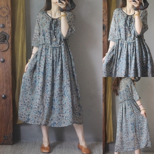 洋气复古小碎花苎麻连衣裙女夏季 胖mm系带气质减龄大摆长裙子 大码