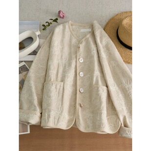 高端米色刺绣亚麻短外套女春秋新款气质宽松显瘦休闲开衫棉麻上衣