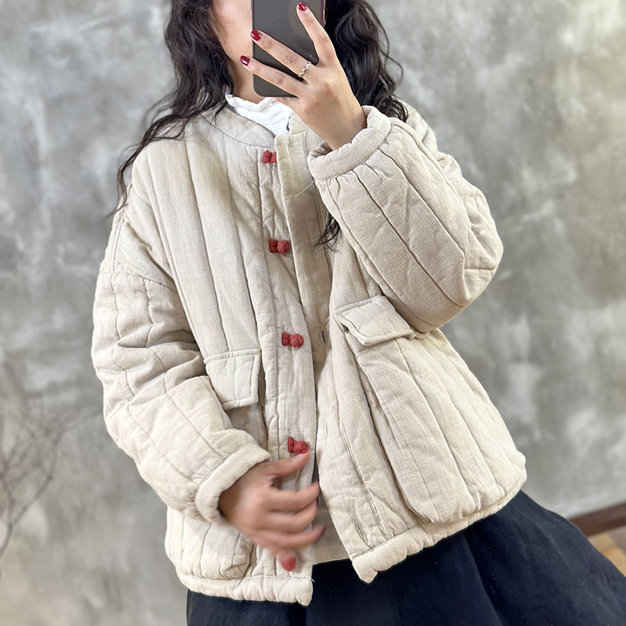 国风亚麻加厚棉服短外套女复古秋冬夹棉禅意棉衣保暖中式盘扣棉袄