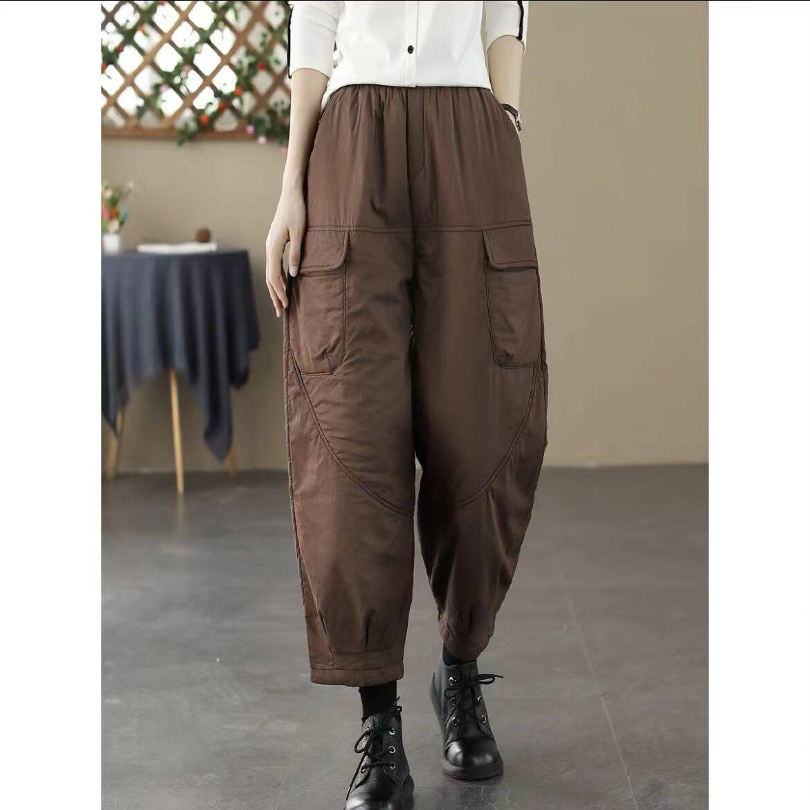 轻薄羽绒棉裤女外穿秋冬加厚保暖休闲阔腿裤个性大口袋工装哈伦裤