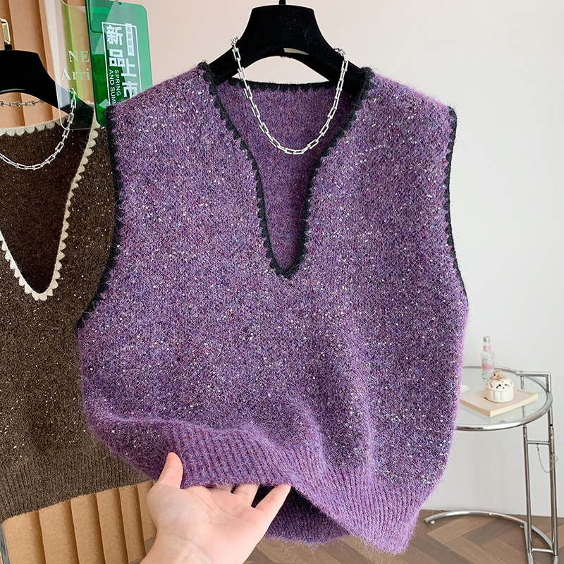 今年流行的细闪针织毛衣坎肩马甲女秋冬爆款慵懒显瘦叠穿套头上衣