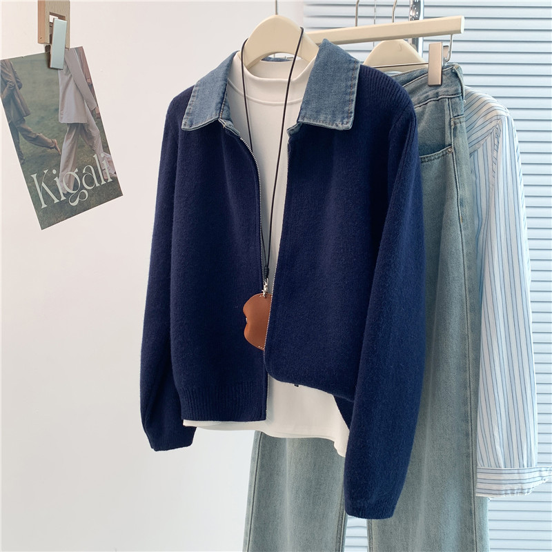 大码胖mm韩版港味牛仔拼接针织毛衣女秋冬慵懒宽松遮肉双拉链上衣