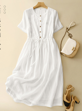 法式白色刺绣苎麻衬衫裙女夏季拼接单排扣连衣裙设计感休闲A字裙