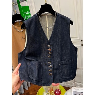 马夹 高级感时髦显瘦叠穿外搭无袖 复古港味坎肩牛仔马甲女秋季 新款