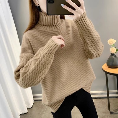高领宽松粗线麻花毛衣女秋冬