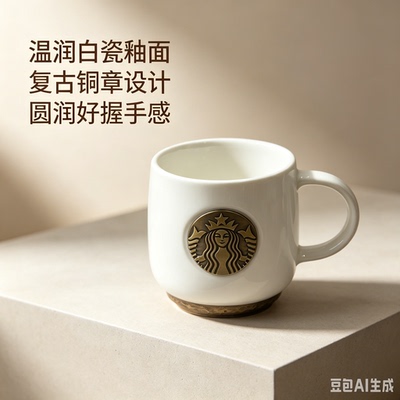 星星杯子白色铜章经典陶瓷铜牌马克杯水杯咖啡杯414ml微瑕疵