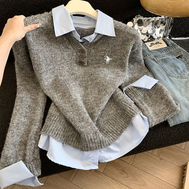 小马标刺绣灰色polo假两件针织衫女秋冬老钱风穿搭高级感毛衣上衣