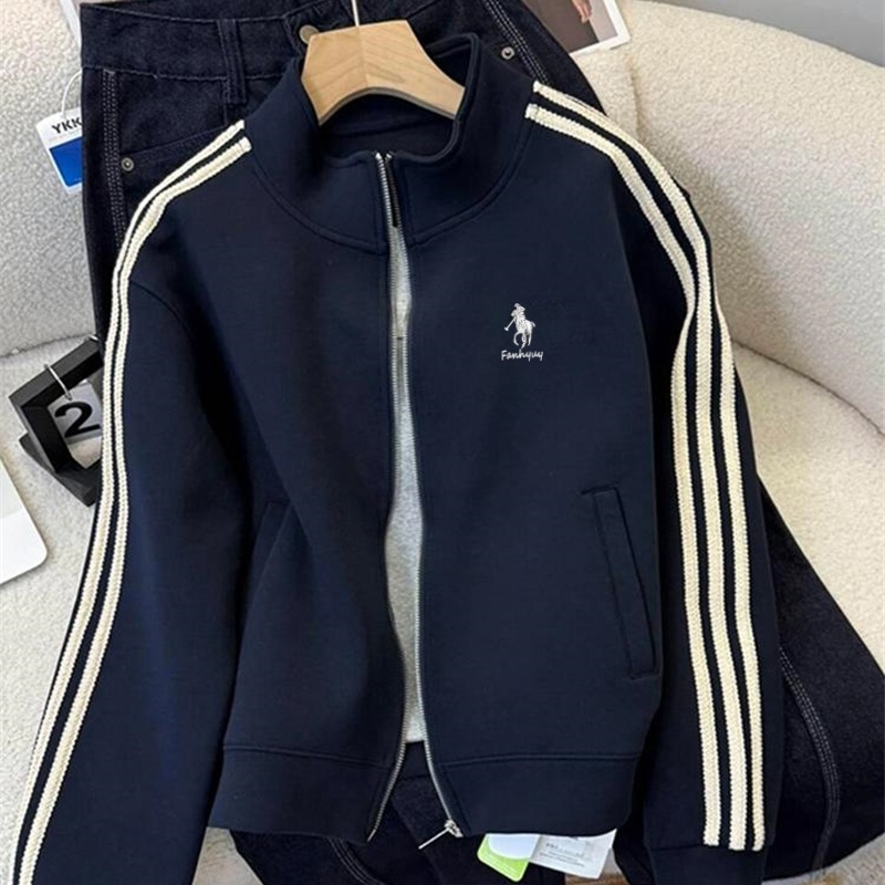 小马刺绣三条杠藏青色卫衣外套女秋2025新款休闲运动拉链开衫上衣