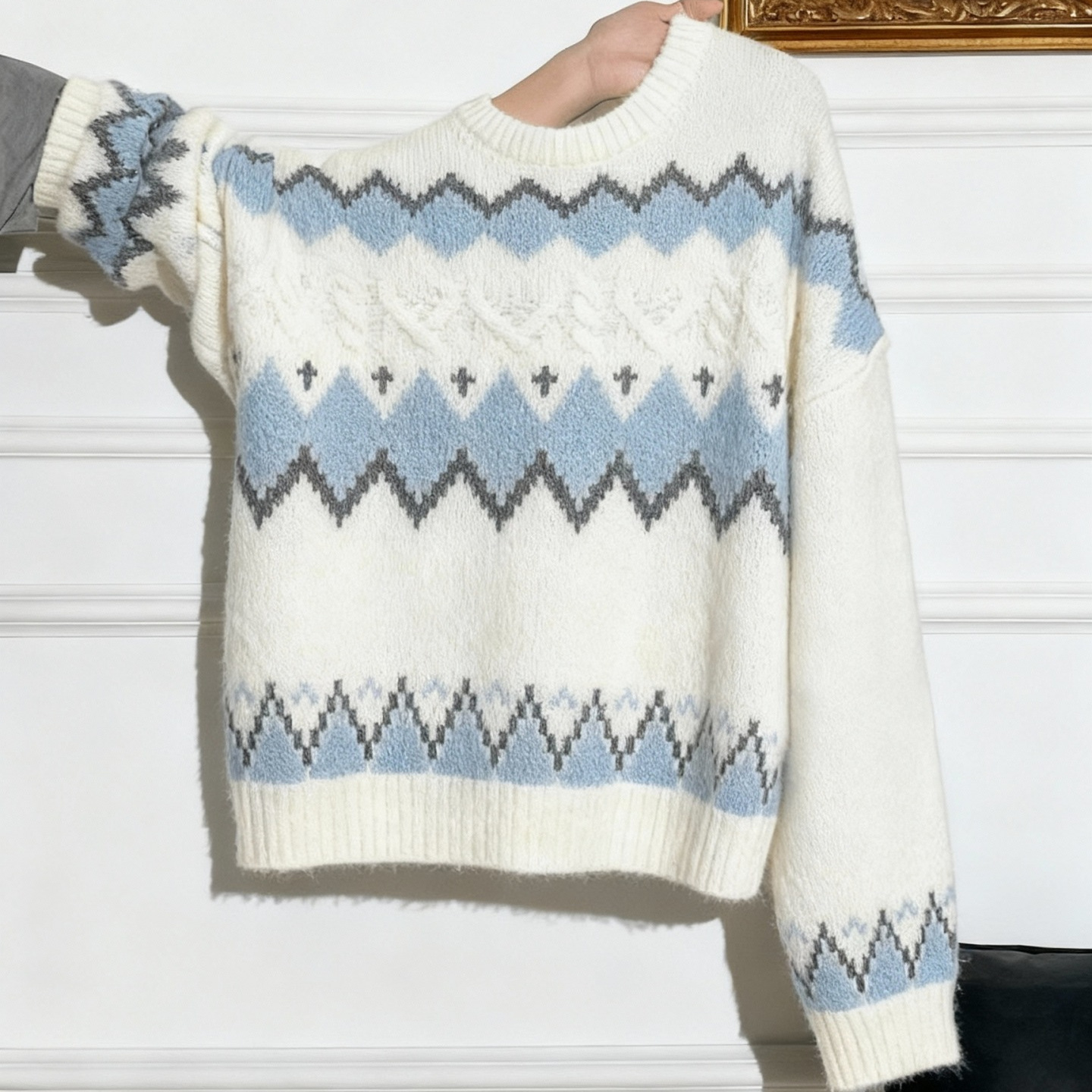 韩系费尔岛圆领毛衣女秋冬新款加厚毛衫慵懒高级感长袖针织衫上衣